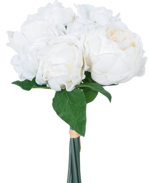 De Kunstboeket mix bloemen Real Touch Wit 30 cm heeft levensechte witte bloemen en groene bladeren, elegant omwikkeld met een band en tegen een effen witte achtergrond.