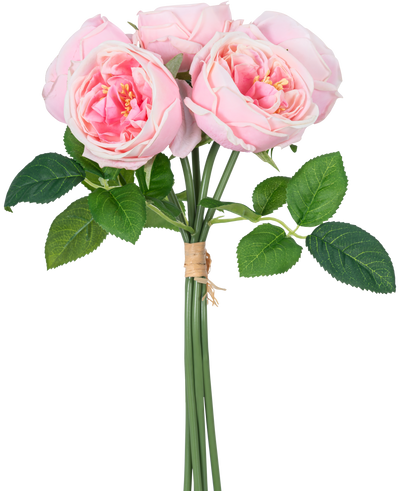 De Kunstrozenboeket "Carmen" Real Touch Pink 36 cm heeft lichtroze pioenrozen met groene bladeren, samengebonden met bruin touw.