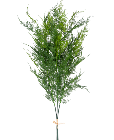 De Kunsttak Varen Deluxe 127 cm heeft hoge, vederlichte groene kunstvarens, gebundeld met een tan kleurig touw, tegen een effen witte achtergrond.