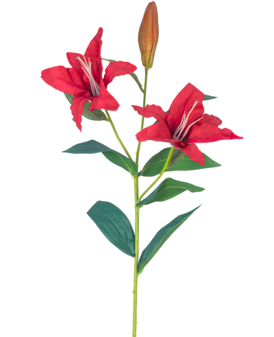 The Artificial Flower Lily Real Touch red 95 cm has a stem with two open red lily flowers, a closed bud and several green leaves, all against a white background.