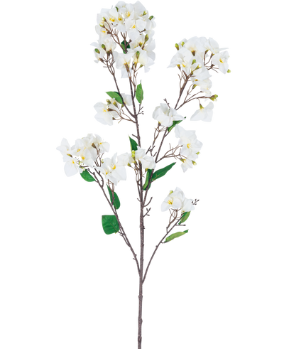 De Kunstbloem Bougainvillea 120 cm wit is een kunstbloemenstengel met meerdere bruine takken, groene bladeren en trossen witte bloemen met gele hartjes, afgebeeld tegen een witte achtergrond.