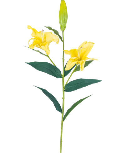 De Kunstbloem Lelie Real Touch Geel 95 cm heeft een enkele steel met twee open gele leliebloemen, een gesloten knop bovenaan en lange groene bladeren, allemaal tegen een effen witte achtergrond.
