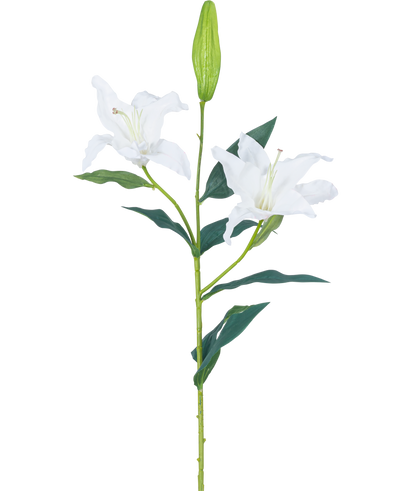 De Kunstbloem Lelie Real Touch wit 95 cm heeft een enkele groene steel met twee open witte leliebloemen, donkergroene bladeren en een gesloten knop, tegen een effen witte achtergrond.