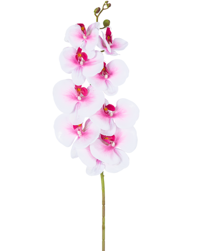 The Artificial Orchid Real Touch Deluxe 105 cm pink/white has a single pink artificial phalaenopsis stem with white accents, realistic silk flowers and buds, all elegantly displayed on a white background.