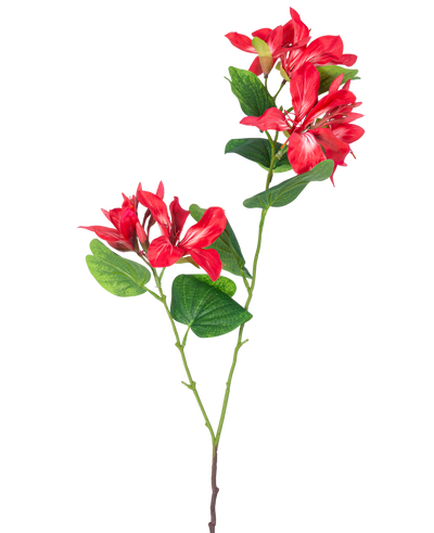 De Kunstbloem Rhododendron 85 cm licht rood is een kunststam met groene bladeren en twee trossen lichtrode en witte bloemen op een witte achtergrond.