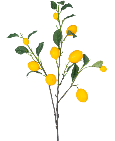 De Kunsttak Lemon 104 cm geel heeft een tak met meerdere felgele citroenen en groene bladeren tegen een witte achtergrond.
