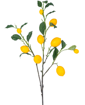 De Kunsttak Lemon 104 cm geel heeft een tak met meerdere felgele citroenen en groene bladeren tegen een witte achtergrond.