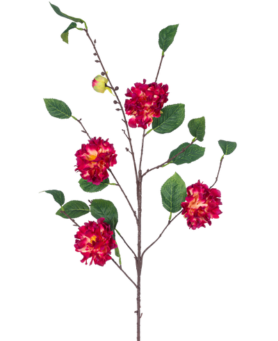 De Kunstbloem Japanse Camelia 95 cm wijnrood heeft een bruine tak met groene bladeren, trossen levendige wijnrode en gele bloemen en een kleine gesloten knop, allemaal tegen een witte achtergrond.