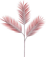 De Kunsttak Varen 100 cm rood heeft vijf lange, smalle rode palmbladeren die zich verspreiden vanaf een enkele steel, tegen een effen witte achtergrond.