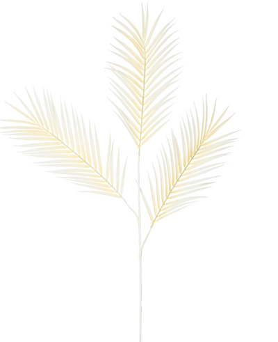 De Kunsttak Varen Groot 101 cm wit heeft een delicaat, lichtgeel palmblad met drie vertakte bladeren tegen een effen witte achtergrond.