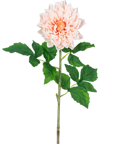 De Kunst Georgine Real Touch Lichtroze 70cm heeft een enkele lichtroze dahlia met gelaagde bloemblaadjes en een geel hart op een lange groene steel met verschillende grote, gekartelde groene bladeren.