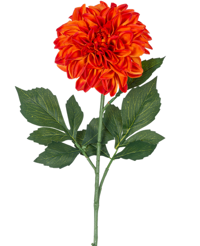 Een enkele Kunstbloem Dahlia Real Touch Oranje, 72 cm hoog, heeft levendige oranje en rode gelaagde bloemblaadjes met groene bladeren tegen een effen witte achtergrond.