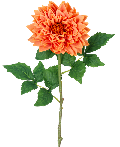 Een enkele Kunst Georgine Real Touch oranje 70cm steel heeft gelaagde oranje dahlia bloemblaadjes en groene bladeren, tegen een witte achtergrond.