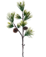 De Kunsttak Zwarte Den 100 cm groen heeft lange, slanke groene dennennaalden en twee bruine dennenappels tegen een effen witte achtergrond.