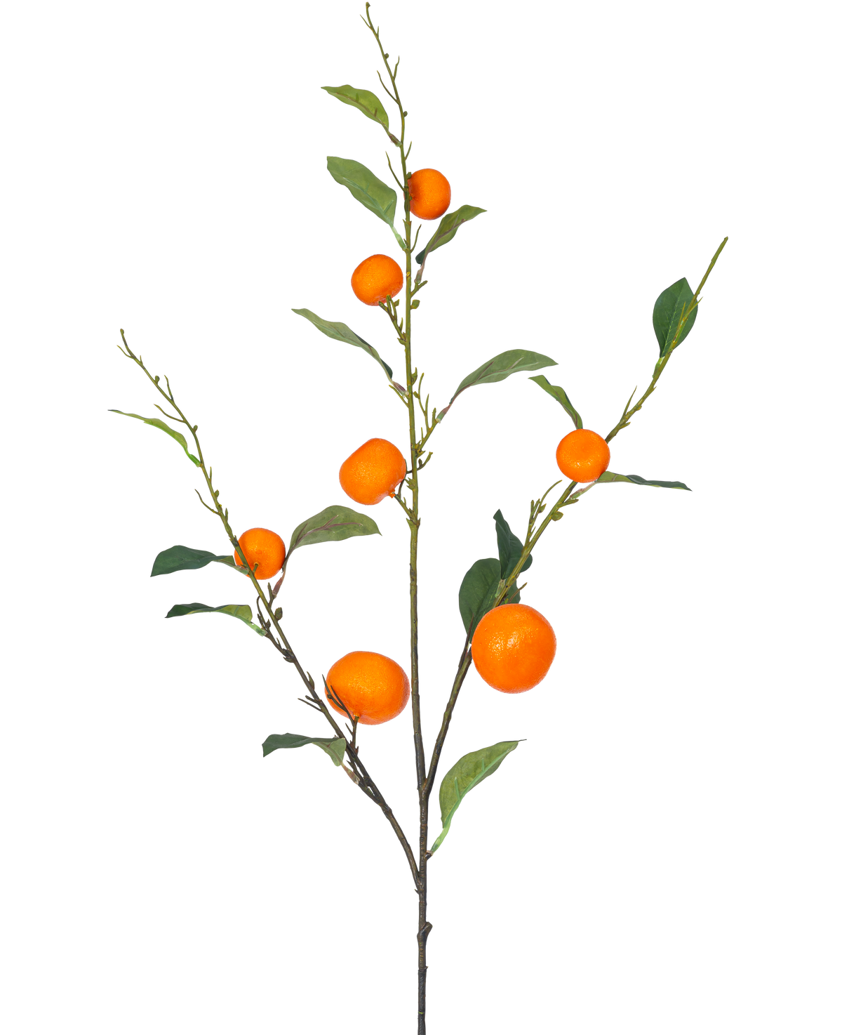 An artificial mandarin branch 93 cm orange with green leaves and a number of ripe, orange mandarins is depicted against a plain white background.