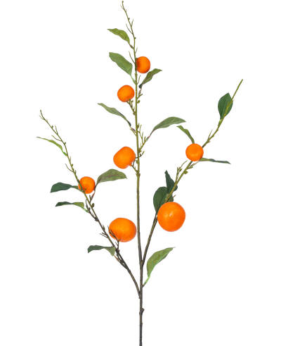 An artificial mandarin branch 93 cm orange with green leaves and a number of ripe, orange mandarins is depicted against a plain white background.