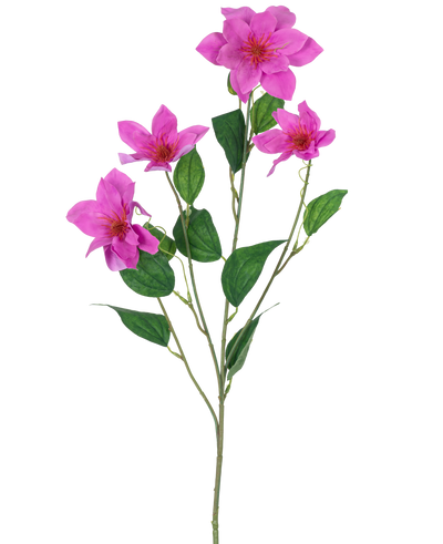 De Kunstclematis Real Touch Roze 88cm heeft een enkele groene stengel met meerdere takken, vijf levendige roze bloemen en verschillende ovale groene bladeren, allemaal prachtig gedetailleerd en geïsoleerd op een witte achtergrond.