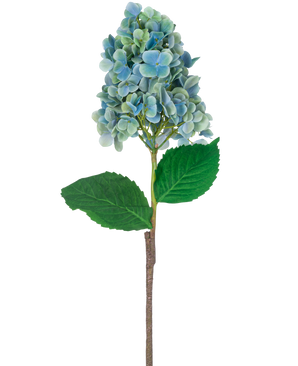 Een enkele steel van Kunst Hortensia 93 cm blauw met blauwe en groene hortensiabloemen met weelderige groene bladeren, geïsoleerd op een witte achtergrond.