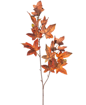 Een tak van Kunsttak Eikblad 90 cm rood heeft meerdere eikenbladeren in rode tinten die de herfst oproepen tegen een effen witte achtergrond.