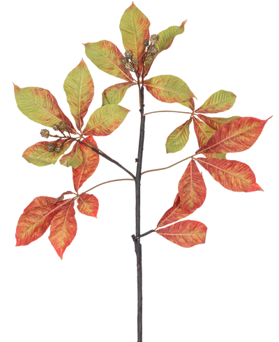 A Artificial Chestnut Branch 91 cm red/green branch with bunches of red and green leaves, some with brown edges, together with small brown seed pods against a white background.