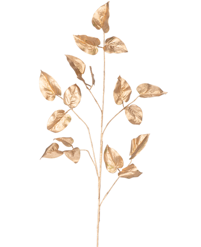 Het Kunsttak Salal 95 cm goud heeft een enkele goudgeschilderde tak met meerdere bladeren op een effen witte achtergrond.