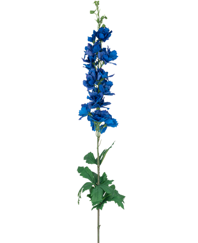 De Kunstbloem Ridderspoor Real Touch donker blauw 90 cm heeft een hoge, enkele steel met levendige donkerblauwe gelaagde bloemen en groene bladeren, tegen een effen witte achtergrond.