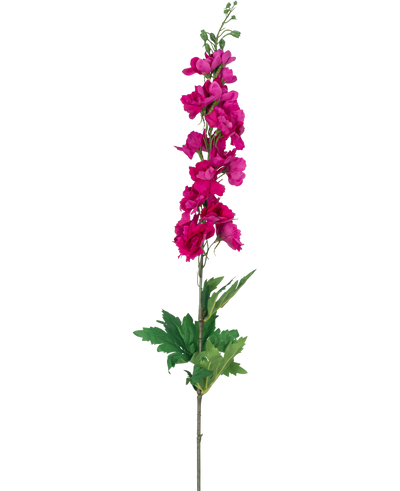 Een enkele Kunstbloem Ridderspoor Real Touch roze, 90 cm hoog met meerdere roze bloemen langs de bovenste stengel en groene bladeren aan de basis, afgebeeld op een witte achtergrond.