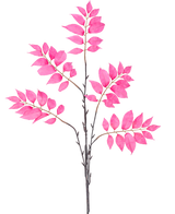 De Kunsttak Varen vertakt 83 cm roze heeft een enkele donkerbruine stengel die zich vertakt in meerdere kleinere stengels, elk versierd met clusters van levendige roze bladeren op een witte achtergrond.