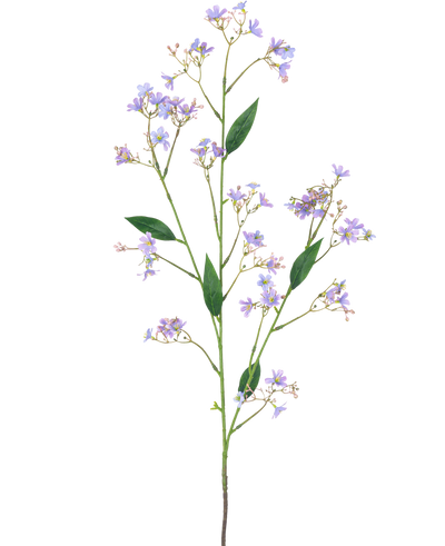 De Kunsttak Daphne Spray 108 cm paars heeft een lange groene stengel met meerdere takken, elk versierd met kleine paarse bloemen en groene bladeren, tegen een effen witte achtergrond.