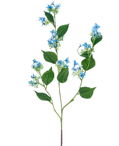 De Kunstbloem Wilde Hortensia 93 cm blauw heeft een enkele kunststengel met meerdere takken, groene bladeren en trosjes kleine, delicate lichtblauwe bloemen.