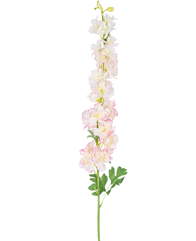 De Kunstbloem Delphinium 105 cm roze is een enkele hoge kunststengel met lichtroze en witte ridderspoor bloemen met groene bladeren, geïsoleerd op een witte achtergrond.