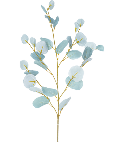 De Kunsttak eucalyptus 84 cm is een enkele kunststengel met meerdere takken, voorzien van ronde, lichtblauwgroene bladeren tegen een effen witte achtergrond.