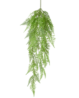The Artificial Hanging Plant Asparagus Fern 84 cm has delicate, feathery green leaves and detailed patterns, which hang gracefully down against a plain white background.