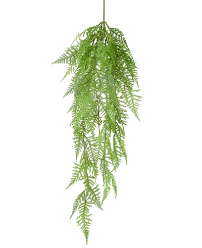 The Artificial Hanging Plant Asparagus Fern 84 cm has delicate, feathery green leaves and detailed patterns, which hang gracefully down against a plain white background.