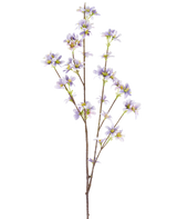An “Artificial flower branch 112 cm purple” with one flowering branch with delicate lavender purple flowers and yellow centers on slender brown stems, depicted against a white background.