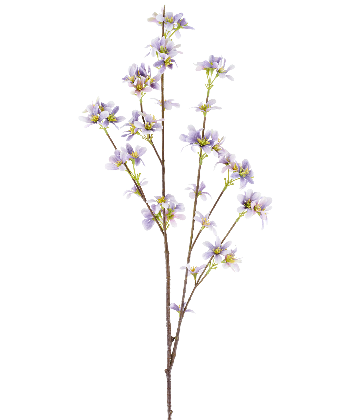 An “Artificial flower branch 112 cm purple” with one flowering branch with delicate lavender purple flowers and yellow centers on slender brown stems, depicted against a white background.