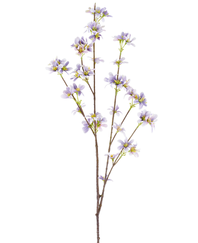An “Artificial flower branch 112 cm purple” with one flowering branch with delicate lavender purple flowers and yellow centers on slender brown stems, depicted against a white background.