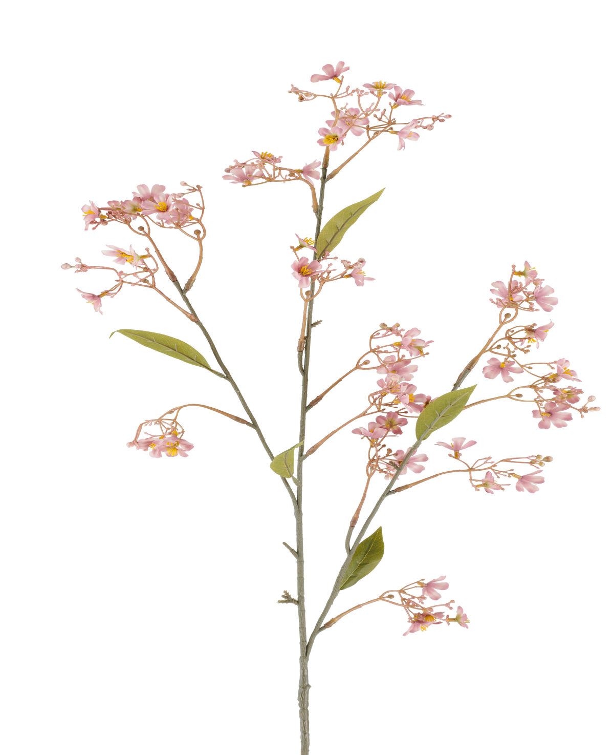 A single stem of the Artificial Flower Daphne of 108 cm in old pink, with small bunches of soft pink flowers and some green leaves against a white background.