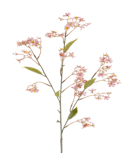 A single stem of the Artificial Flower Daphne of 108 cm in old pink, with small bunches of soft pink flowers and some green leaves against a white background.