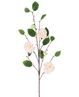 A single stem of the Artificial Flower Japanese Camellia, 92 cm long, with multiple branches with green leaves and soft, light pink, camellia-like flowers, depicted against a plain white background.