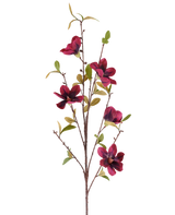 A single artificial flower Magnolia 94 cm, burgundy red artificial branch with five deep red flowers and green leaves, presented against a plain white background.