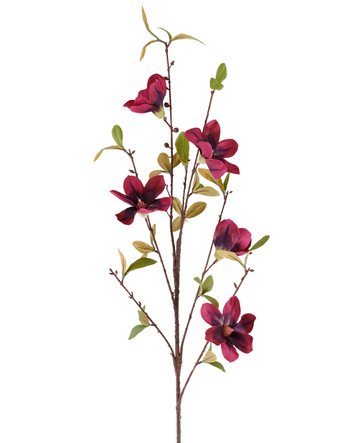 A single artificial flower Magnolia 94 cm, burgundy red artificial branch with five deep red flowers and green leaves, presented against a plain white background.