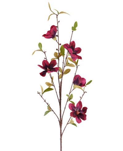 A single artificial flower Magnolia 94 cm, burgundy red artificial branch with five deep red flowers and green leaves, presented against a plain white background.