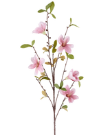 A slim Artificial Flower Magnolia branch of 94 cm in old pink, with several pink magnolia flowers and green leaves against a white background.