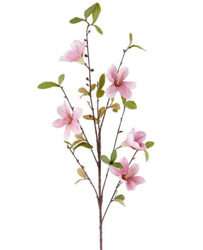 A slim Artificial Flower Magnolia branch of 94 cm in old pink, with several pink magnolia flowers and green leaves against a white background.