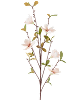 An artificial flower Magnolia of 94 cm, cream-coloured/brown, with several light pink flowers and green leaves on thin brown stems, depicted against a plain white background.