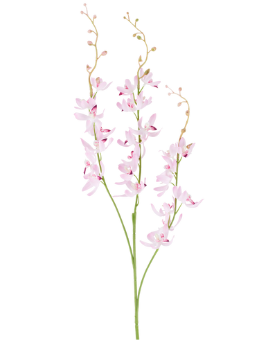 Two green stems with branched clusters of delicate, light purple cymbidium orchid flowers and small buds on thin, arching sprigs, pictured against a plain white background. The product depicted is the Artificial Flower Cymbidium 95 cm purple.