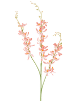 Three long green stems of the Artificial Flower Cymbidium 95 cm peach, with bunches of delicate peach-colored orchid flowers and small yellow buds, against a plain white background.