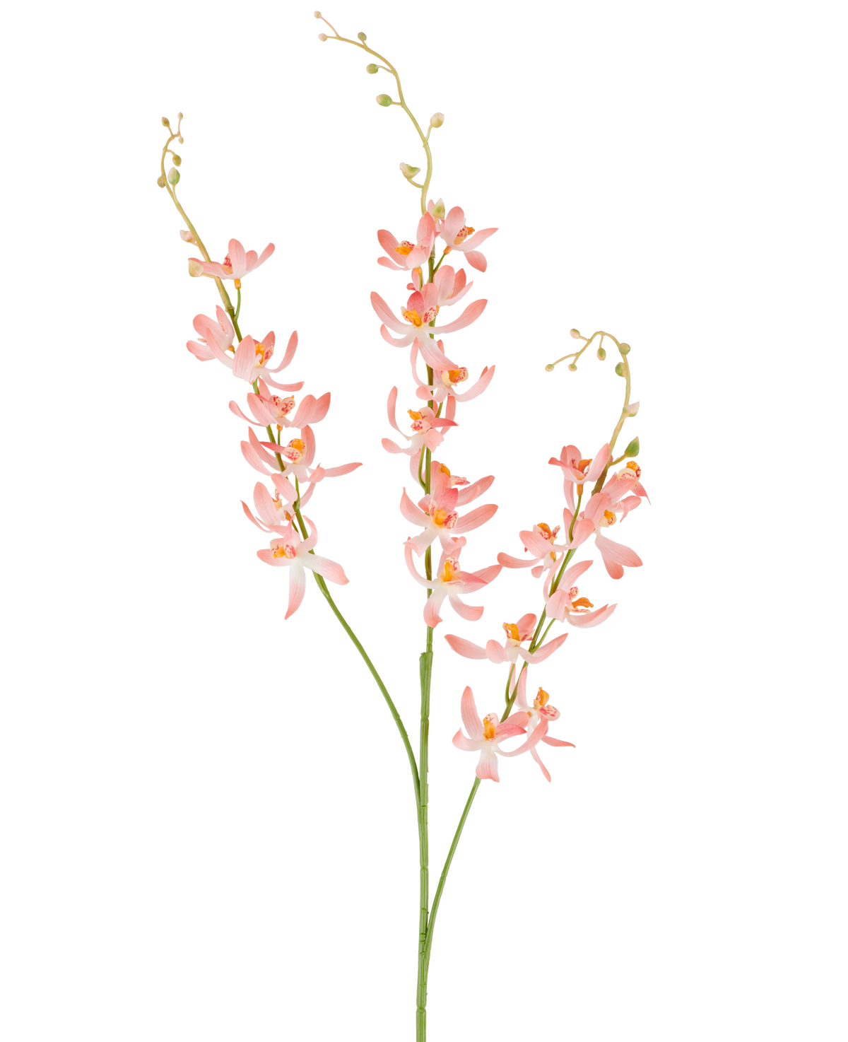 Three long green stems of the Artificial Flower Cymbidium 95 cm peach, with bunches of delicate peach-colored orchid flowers and small yellow buds, against a plain white background.