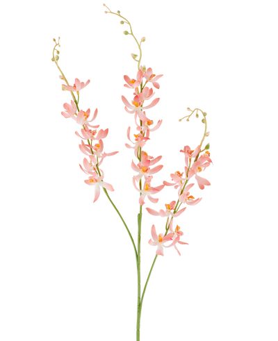 Three long green stems of the Artificial Flower Cymbidium 95 cm peach, with bunches of delicate peach-colored orchid flowers and small yellow buds, against a plain white background.
